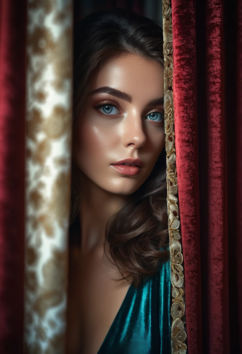 RAW photo, beautiful eyes, masterpiece, peeking out from behind the curtains, colorful details, award-winning, high detail, 8 K, daylight, analog film, detailed skin, stunning composition, complex parts, subsurface scattering, velvet hair, amazing textures, cinematic, chiaroscuro, soft light