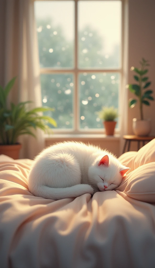Highest quality, Bedroom、cute,White cat sleeping on the bed,I can see the rain from the window,High resolution, Back view, 短足Back view,