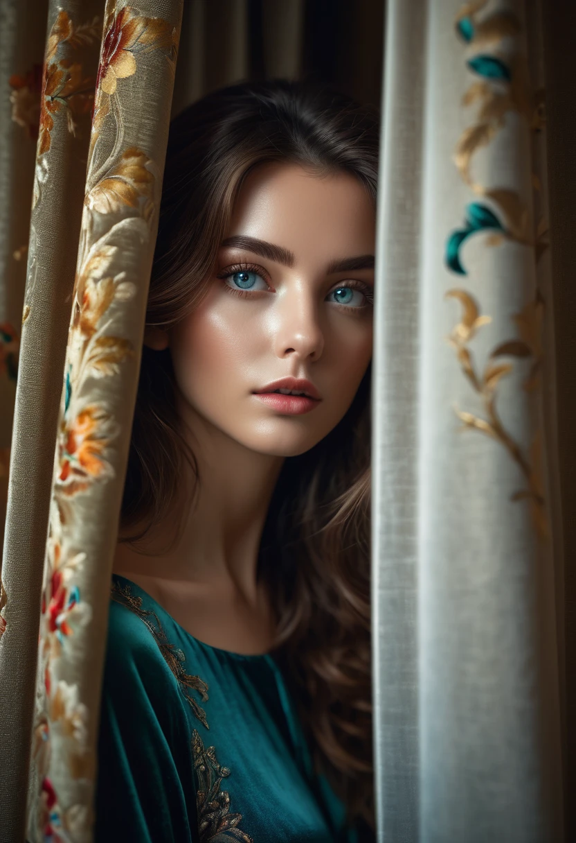 RAW photo, beautiful eyes, masterpiece, peeking out from behind the curtains, colorful details, award-winning, high detail, 8 K, daylight, analog film, detailed skin, stunning composition, complex parts, subsurface scattering, velvet hair, amazing textures, cinematic, chiaroscuro, soft light