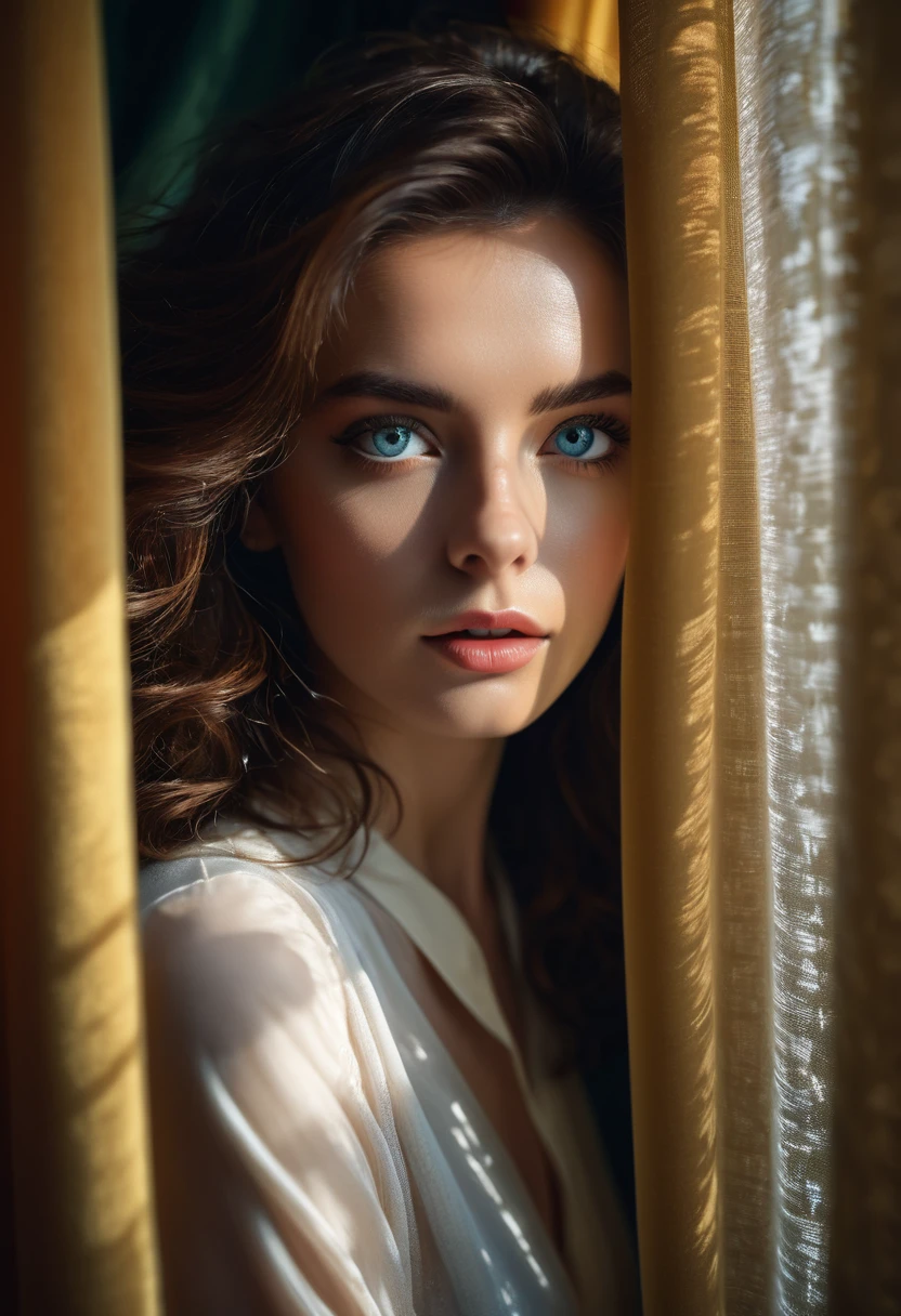 RAW photo, beautiful eyes, masterpiece, peeking out from behind the curtains, colorful details, award-winning, high detail, 8 K, daylight, analog film, detailed skin, stunning composition, complex parts, subsurface scattering, velvet hair, amazing textures, cinematic, chiaroscuro, soft light