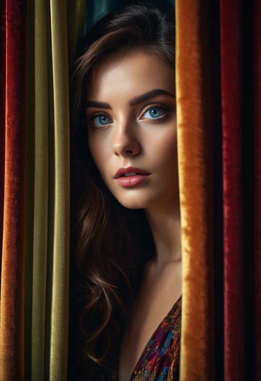 RAW photo, beautiful eyes, masterpiece, peeking out from behind the curtains, colorful details, award-winning, high detail, 8 K, daylight, analog film, detailed skin, stunning composition, complex parts, subsurface scattering, velvet hair, amazing textures, cinematic, chiaroscuro, soft light