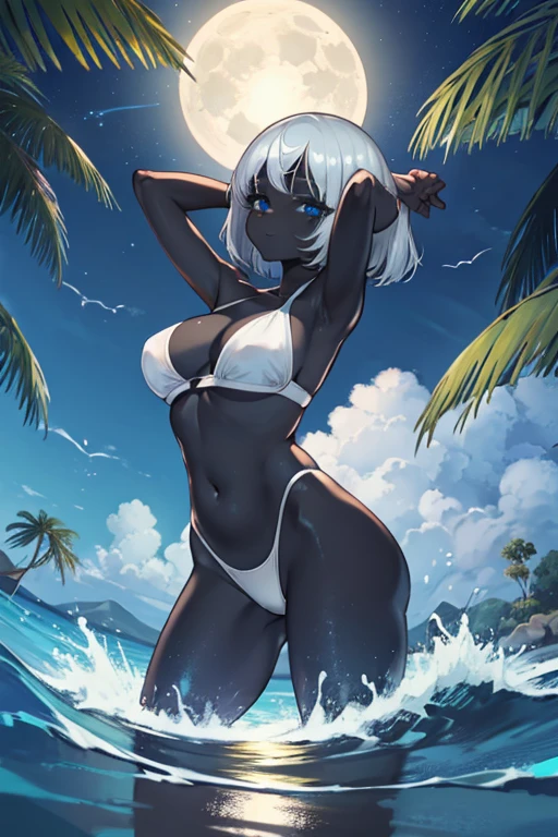 (masterpiece, best quality, highres:1.3), ultra detailed, 2D anime, (4k),
BREAK
1girl, smile, closed mouth, cheerful, (beautiful face), (detailed face), looking at viewer, back view, standing, model pose, from back, (better hands, perfect hands:1.3)
BREAK
(obsidian black skin:1.4), (ultra black skin1.3), (colored skin:1.3), (beautiful skin), lustrous skin, shiny skin, (finely detailed skin), (detailed skin texture), (wet skin)
BREAK
(shiny silver hair:1.2), (blue inner hair:0.8), medium hair, bob cut, asymmetrical bangs,
BREAK
(ocean blue eyes:1.2), glowing eyes, (beautiful eyes), (detailed eyes),
BREAK
25yo, female, (beautiful body), (perfect body), glamorous, slim, large breast breast, large areolas, cleavage, midriff peek, navel, (perfect hip), narrow waist,
BREAK
(white) cross halter bikini with (white) bikini panties, (detailed clothings), showing cleavage, showing navel, midriff peak
BREAK
outdoor, sea, ocean, islands, palm trees, (scenery), night sky, (scenery), in the night, moonlight, (aesthetic), (dynamic lightings),