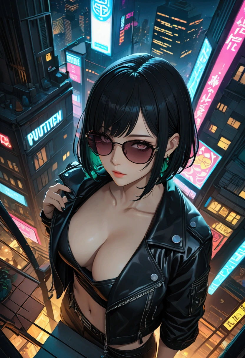 ((Highly detailed anime art)),Looking down on the big city from the rooftop,Angle from above,Cyberpunk City,Night view,Starry Sky,A woman wearing a leather jacket,Bobcut,sunglasses,tobacco ,Neon Light,Inner Color,((masterpiece, Highest quality, Highly detailed CG, unity 8k wallpaper )),(masterpiece, Highest quality, Highest quality, Official Art, beautiful),Very vivid,High-precision images,Ultra-high resolution,Great art,Poster Art,Impressive photos,Impressive art,beautiful顔,Perfect Face