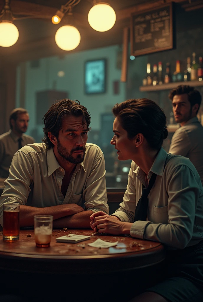 A very drunk man at a bar table ignoring his wife who looks at him sadly and tries to help