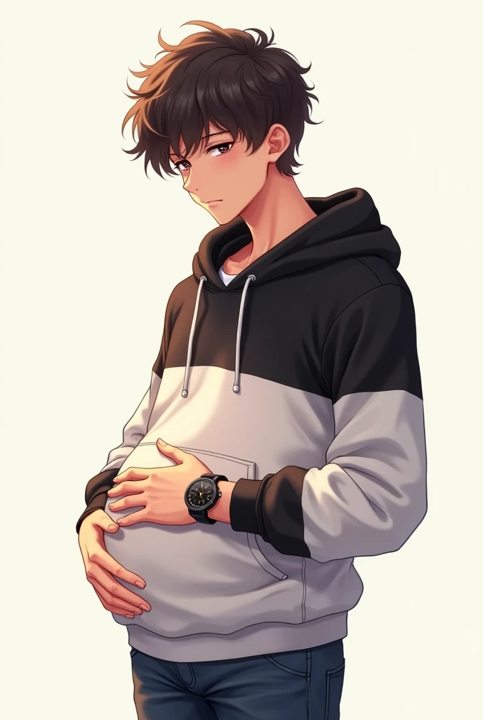 A Cute Handsome Boy 1 boy Wearing white and Black Hoodie and jeans and watch on hand and fluffy hair and baby bump In stomach and hand on stomach..Anime