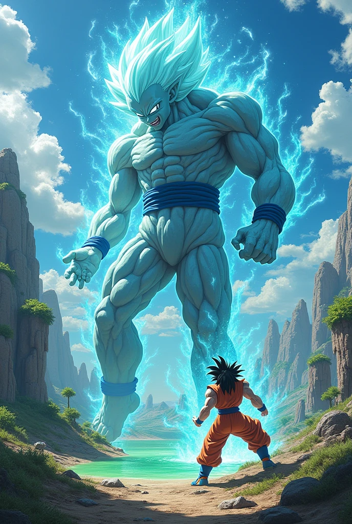 Make a planet where the straw is blue and the water is green (The trees are also blue*
The water is green, Goku appears, unleashes all his ki and transforms into SSS, a clay villain attacks him