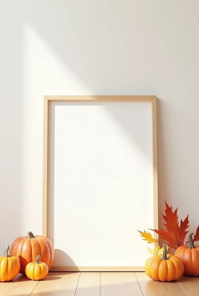 Create a minimalist fall-themed piece of art featuring a simple 420x594 mm wooden 'horizontal' frame with a white background. The image exudes a clean, modern aesthetic, with the focus on the text, framed in a cozy, neutral-colored room with a wood floor that complements the frame. The overall feel should be warm, inviting, and perfect for welcoming the fall season.