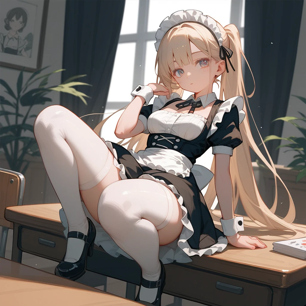 anime girl in a maid outfit sitting on a desk with her legs crossed, an anime drawing by Shitao, pixiv, rococo, anime girl in a maid costume, gorgeous maid, , beautiful anime girl, the anime girl is crouching, in dress, seductive anime girl, splash art anime , maid outfit
