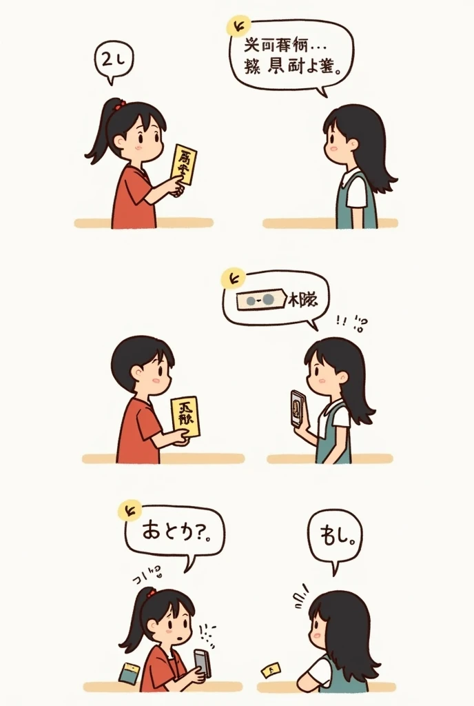 MAKE AN IMAGE ( COMIC 5 STRIPS)
Panel 1: Two people are standing across from each other, one person is holding a sign with Chinese characters, and the other person looks confused.
Person 1: Hello (Nǐ hǎo)
Person 2: Sorry, I don't understand.
Panel 2: Person 1 points to the sign they are holding.
Person 1: This is my name(Zhè shì wǒ de míngzì)
Person 2: Oh, I see. I don't read ChineseImage:
Person 1 puts down the sign and takes out their phone. They open a translation app and show it to Person 2.
• text: "Use a Translation Tool: Technology can bridge language gaps."