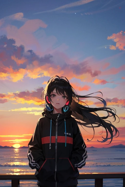 Girl with long hair　Watching the sunset　Sporty clothes　Headphones