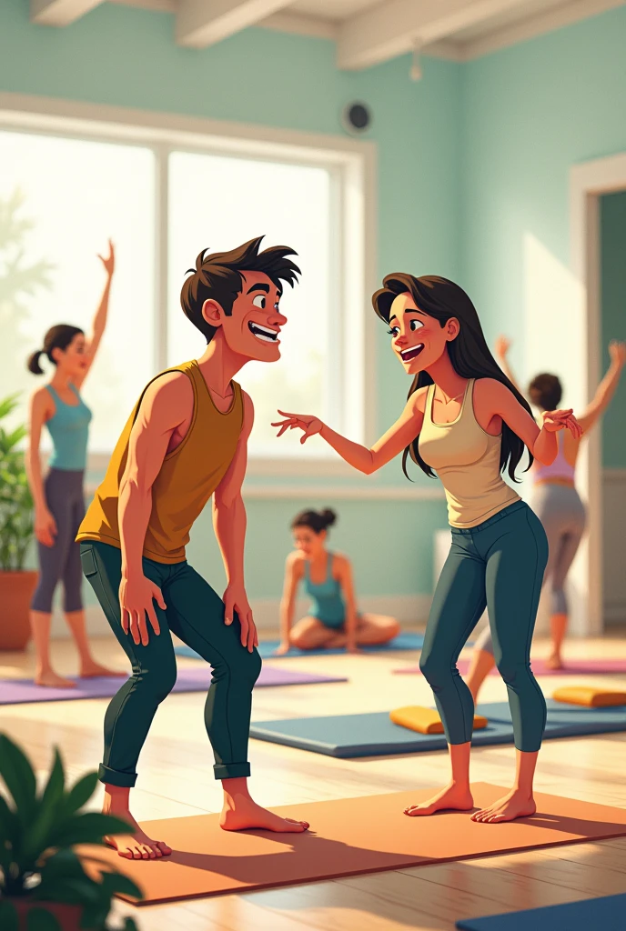 Illustrate a humorous yoga class scene where an adult man is struggling to do a difficult yoga pose, trying hard to touch his toes, but his expression shows frustration and determination. Nearby, a female instructor with a playful smile comments with a teasing gesture, suggesting even touching his chin with his knee might be impossible. The background shows other students balancing with ease, creating a light-hearted, funny atmosphere with a mix of yoga elements and exaggerated expressions to em