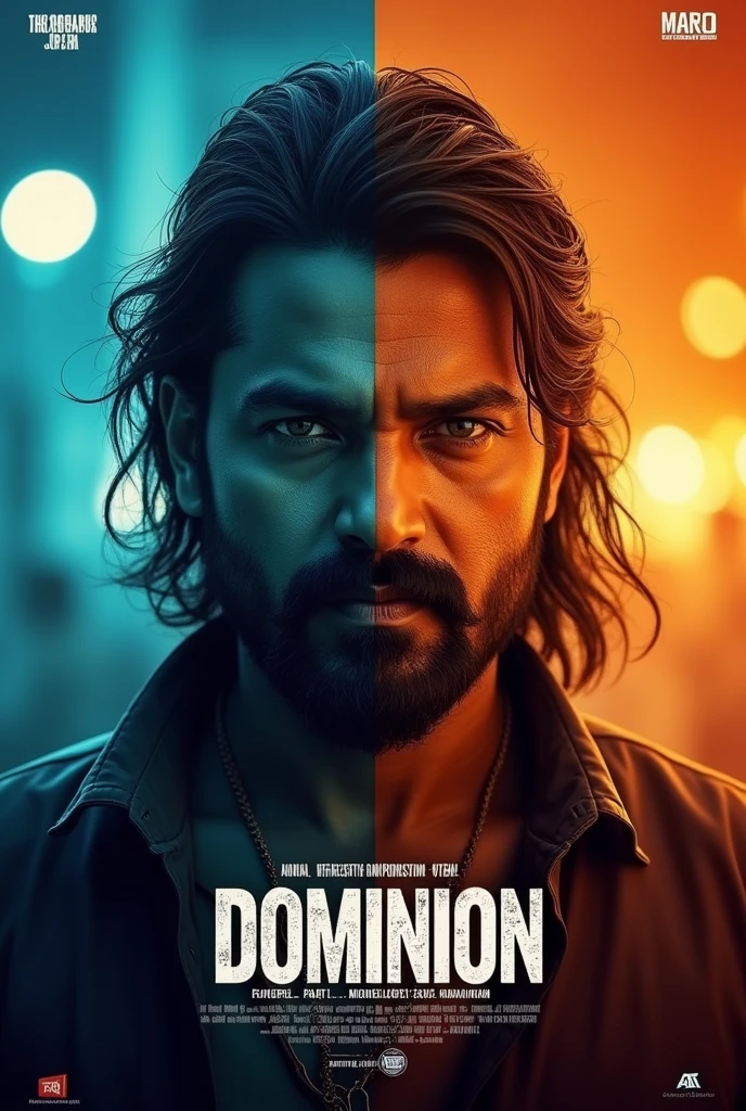 The poster sholud depict thalapathy vijay having a dual life. One as a business tycon and another as a ruthless gangster. The business man side should be highlighted in blue side and gangster side should be depicted in orange shade. Thalapathy is a 30 yr old man with long hair and beard. The title should be bold. The title is Dominion part I : Rise of Raghavan.
The model is Thalapathy Vijay from kollywood