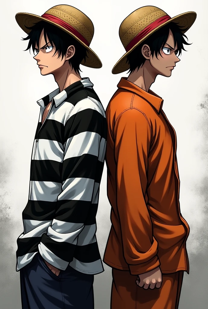 Monkey D. Luffy in a black and white striped long-sleeved prison uniform and Monkey D. .... Luffy in orange long-sleeved prison uniform