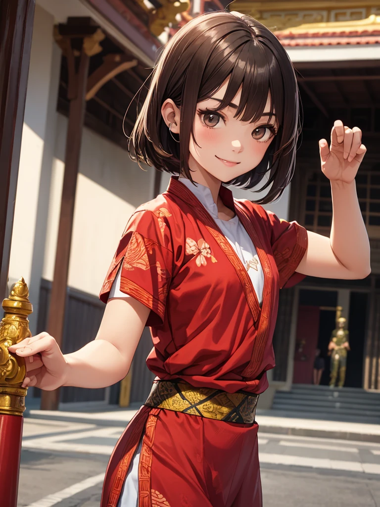 Indonesian teenage girl. White skin. Rookie martial artist. Indonesian silat. Red batik silat outfit. Flat chest. Brown hair. At the temple. Beautiful teenage face. Cute smile.