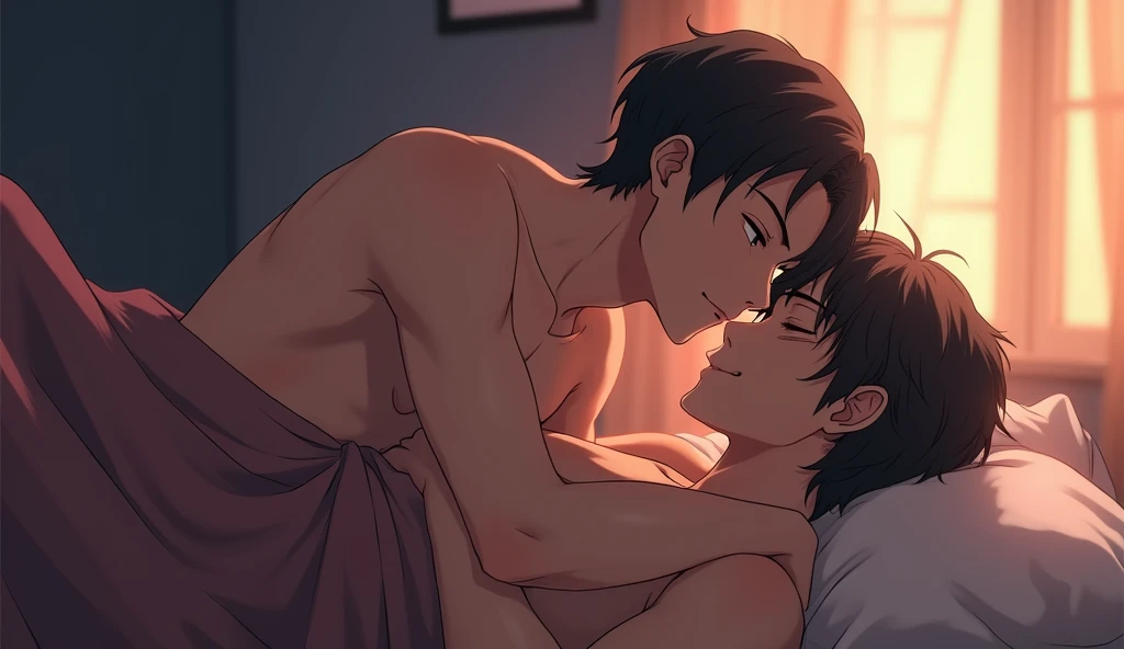 In a softly lit bedroom, two anime-style male characters are lying together under a cozy blanket that covers their lower bodies. Both men are bare-chested, creating a sense of intimacy and warmth. One man is lying on his side, hugging the other from behind, his arm draped over his partner's waist. The man at the front has his eyes closed, smiling softly as he feels the gentle kiss on his neck from the man behind him. The room's ambiance is serene and intimate, with soft light filtering through the curtains, enhancing the romantic and loving atmosphere.