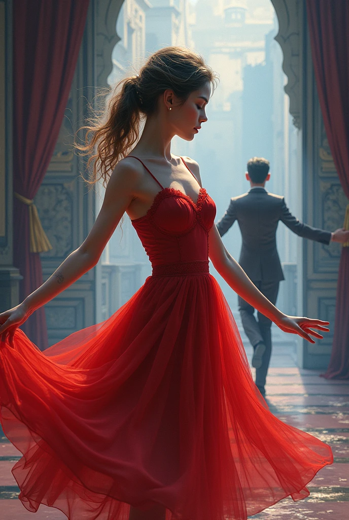The book cover should capture the emotional intensity and complexity of Clara's journey, reflecting both the challenges and the beauty of its history. Here is a detailed description:
**Elementos visuais:**
- **main character:** In the center of the cover, we see a young trans woman with a delicate and determined appearance, representing Clara. She is dressed in an elegant dance dress, fluttering, that suggests movement. The dress can be red in color, symbolizing passion, courage, and the intensity of your emotions. She is in a graceful dancing pose, but with an expression that mixes vulnerability and strength, reflecting their internal and external struggle.
- **Second character:** Next to Clara, there may be a male figure (Michael), a little more blurred, as if coming into focus in her life. He may be reaching out to her or in a position that suggests support and partnership., indicating the romance that blossoms between them.
- **Background Scenario:** The cover background can be divided into two parts. On the left side, you can show a more traditional and rigid environment, like a classic ballroom, with heavy curtains and neutral tones, symbolizing the conservative society that Clara faces. in the right side, a more modern scenario, vibrant and colorful, perhaps an outdoor dance floor or a party environment, representando a liberdade e a aceitação que Clara encontra na dança e em seu relacionamento com Michael.
- **rot:** Mastering the palette, Red represents passion, amor e courage. Can be used on Clara's dress and in details along the cape.
- **neutral tones/gris:** Used on the more conservative side of the scenario, to symbolize the challenges and prejudice that Clara faces.
- **blue and purple:** They can be used to create a soft contrast with red., adding a sense of mystery and emotional depth to the cover. These colors can also be used to suggest the part of the story that involves internal challenges and