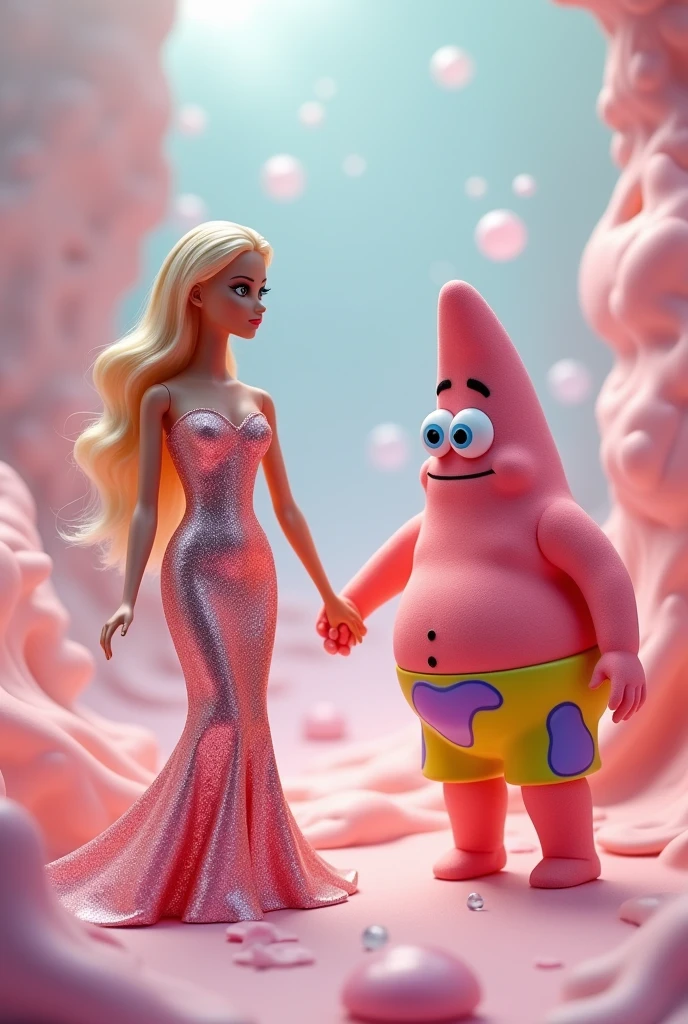 Patrick Star is holding hands with Barbie