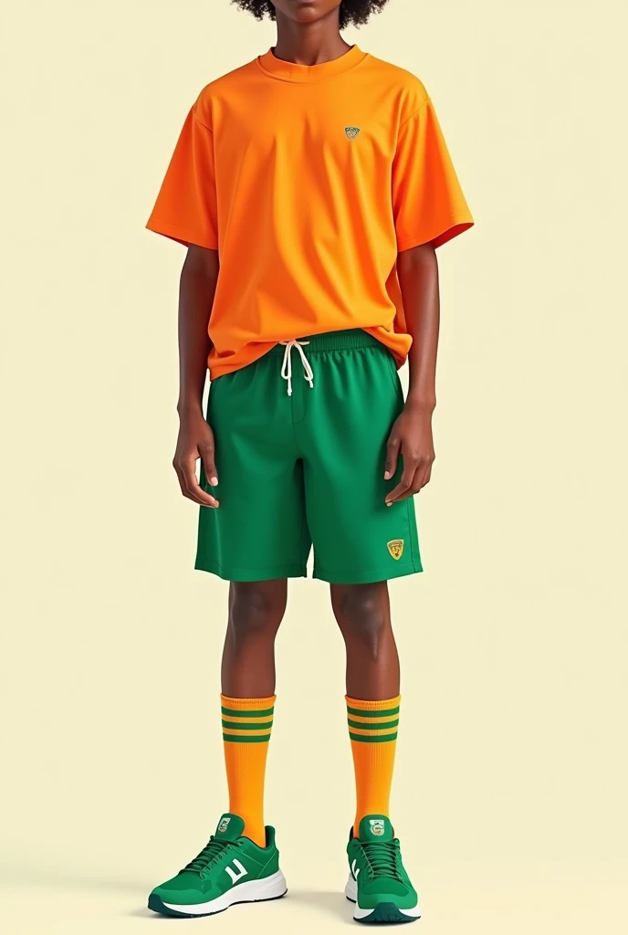 Create a sports outfit with a t-shirt, shorts and socks, orange and green, a grade