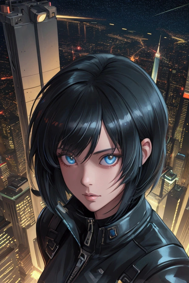 ((Highly detailed anime art)),Looking down on the big city from the rooftop,Angle from above,Cyberpunk City,Night view,Starry Sky,A woman wearing a leather jacket,Bobcut,sunglasses,tobacco ,Neon Light,Inner Color,((masterpiece, Highest quality, Highly detailed CG, unity 8k wallpaper )),(masterpiece, Highest quality, Highest quality, Official Art, beautiful),Very vivid,High-precision images,Ultra-high resolution,Great art,Poster Art,Impressive photos,Impressive art,beautiful顔,Perfect Face