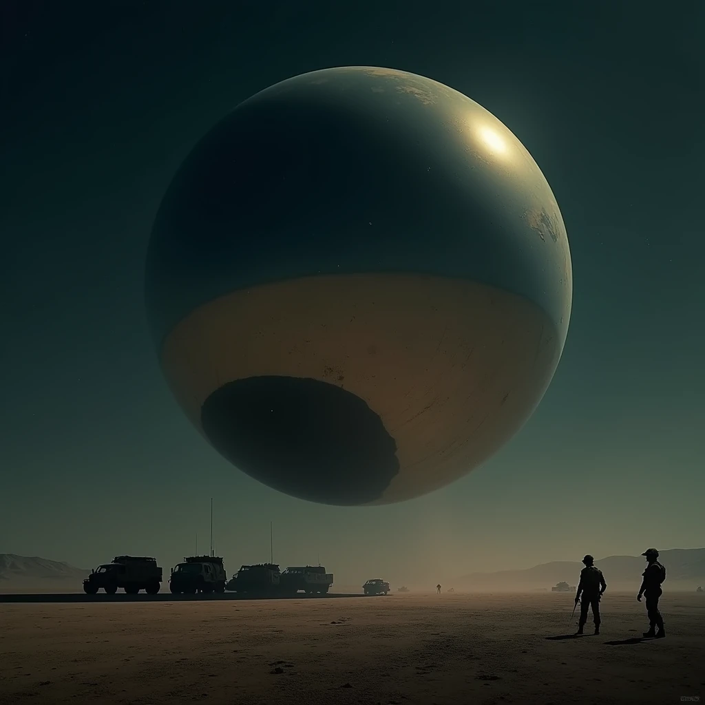 A massive smooth mirror-surfaced sphere hovers silently above the desert floor at night, military vehicles and soldiers cluster underneath the sphere, photo realistic