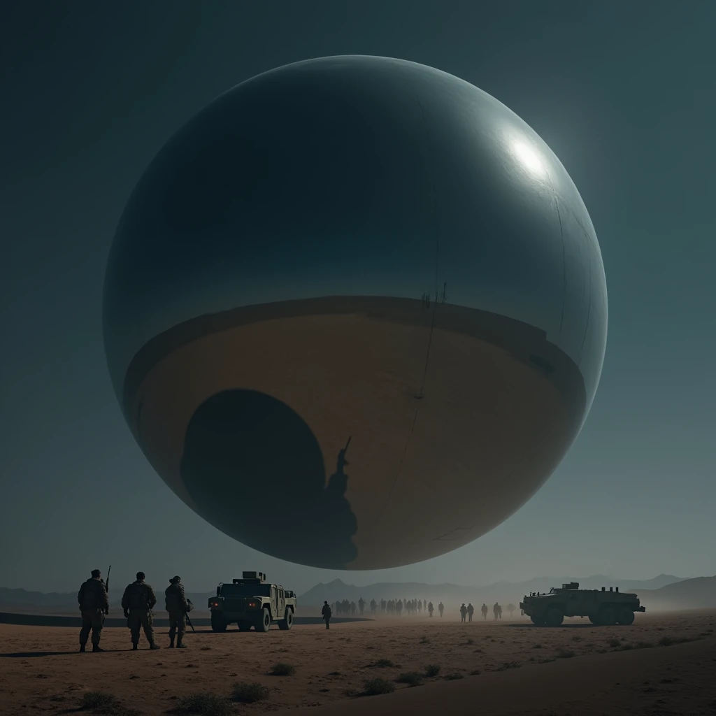 A massive smooth mirror-surfaced sphere hovers silently above the desert floor at night, military vehicles and soldiers cluster underneath the sphere, photo realistic
