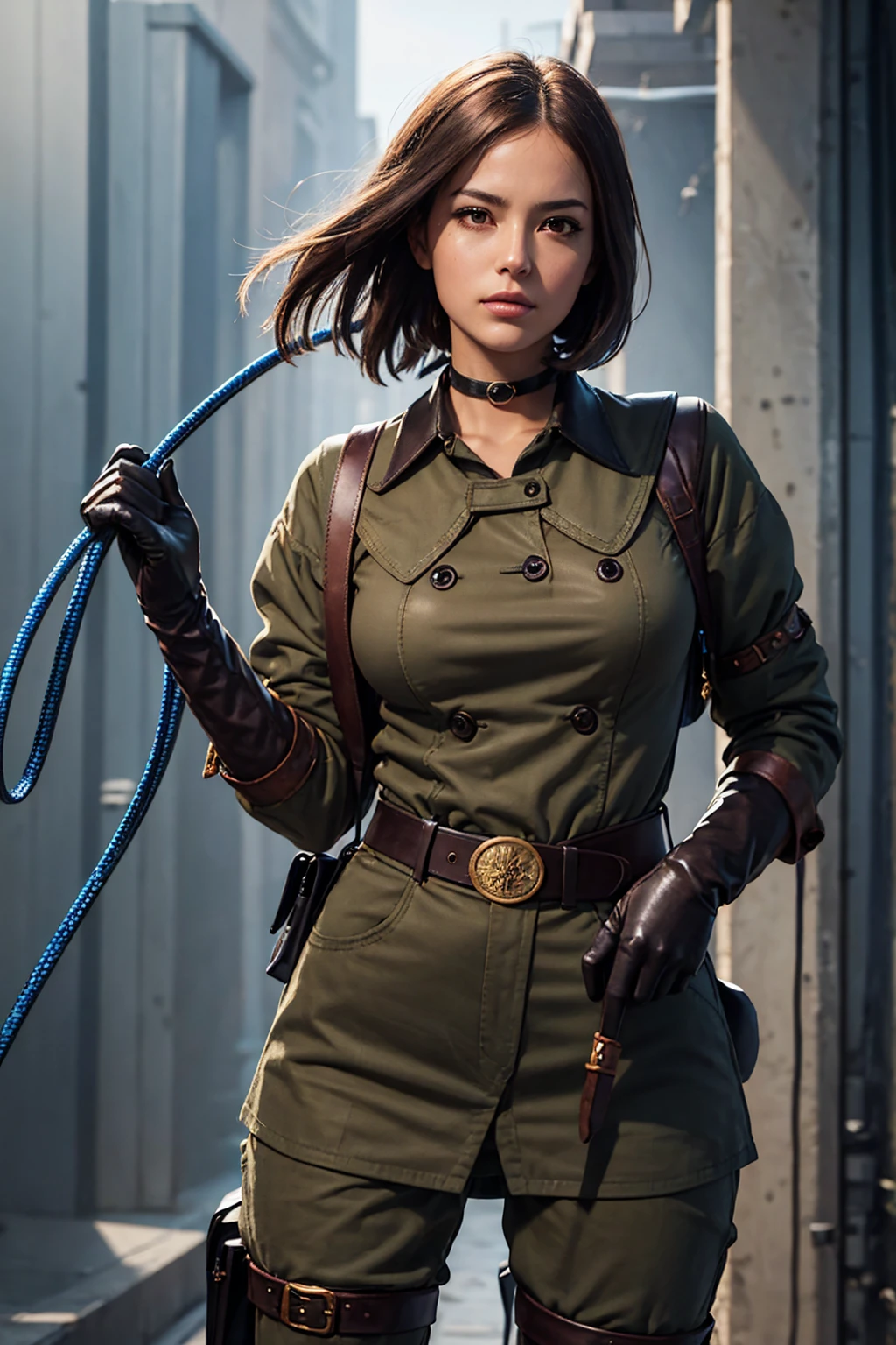 WHIPMS, GLOVES, UNIFORM, MILITARY, MILITARY UNIFORM, BELT, CHOKER, PANTS, WHIP, HALF BODY, (BEST IMAGE QUALITY,HIGHEST QUALITY,HIGHT RESOLUTION, ULTRA-REALISTIC IMAGES,VERY DETAILED, MASTERPIECE,8k), ONE WOMAN, WHIPPING,BROWN MEDIUM HAIR, LEATHER GLOVES, LEATHER BOOTS, (WITH A BLUE WHIP), BREASTS, DETAILED FACE, SOLO, LOOKING AT VIEWER