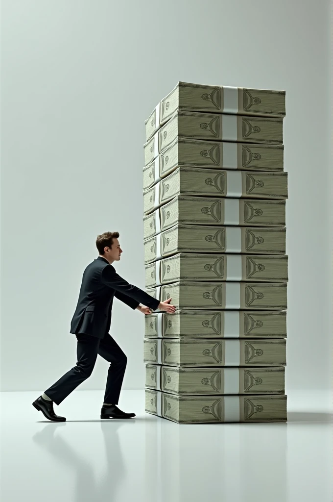 3d image of Elon reeve musk pushing a huge dollar blocks