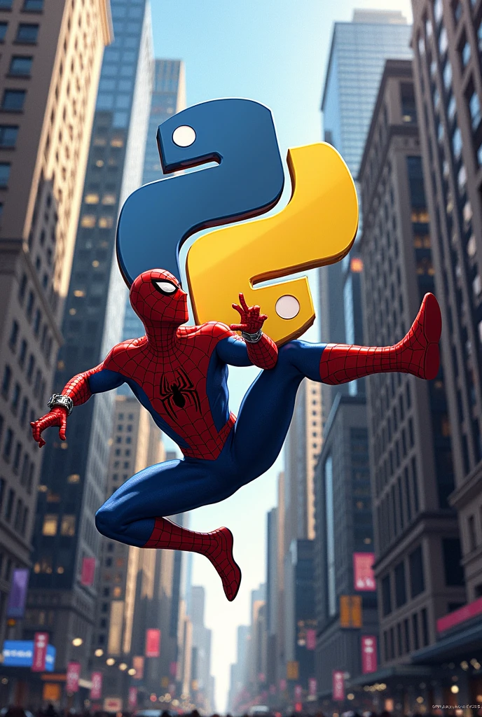 Spider-Man playing with a python logo in buildings