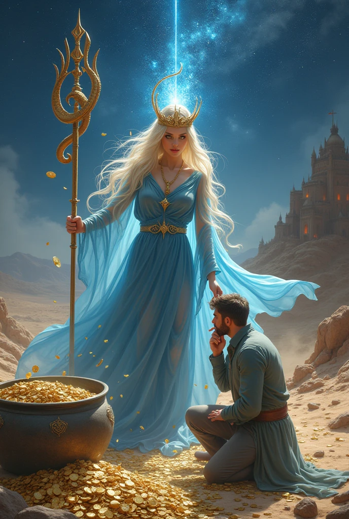 Infinity woman with blonde hair, blue dress and crown on her head with a snake-shaped staff in the desert full of coins and money bills and a large cauldron full of coins and starry sky, a castle behind her and a man kissing her hand lovingly 