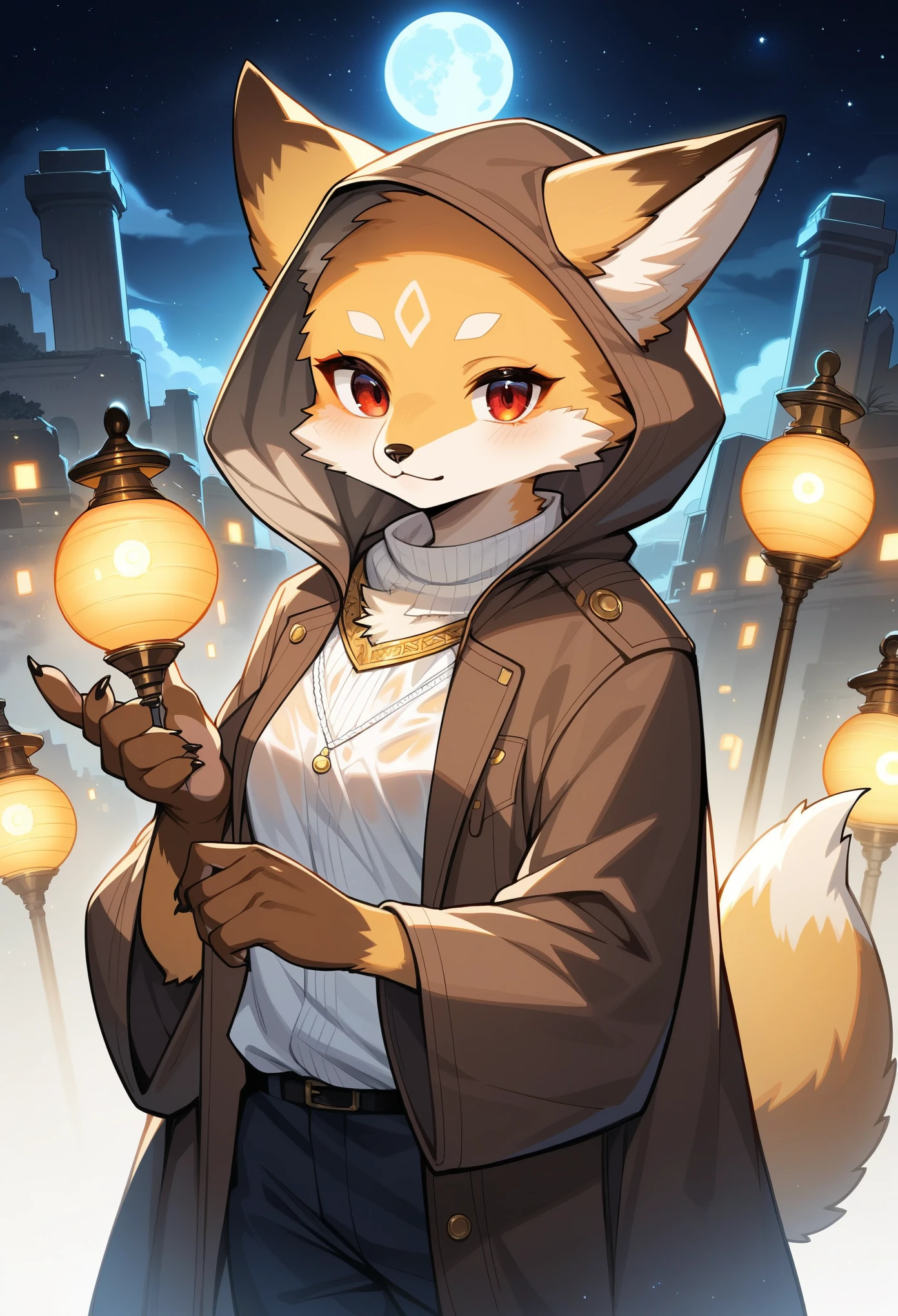 rating_safe, score_9, score_8_up, score_7_up, score_6_up, score_5_up, score_4_up, hires, highres, source_furry, cover page(kemono, furry anthro, boys, girls, fox, Golden fur, Golden yellow face fur, Red eyes, Brown elements on fur, Brown coat brown hood up)Plant elements in ruins, lichen, There is no other life, Night, starry sky, Vast landscape, moon full, meteors, Star cloud, Warm light source, Rained, wet clothes, overcast sky, Beautiful lights and shadows, Ambient light, Volumetric lighting, Dynamic configuration, Highly detailed and colorful details, luminous lighting, Atmospheric lighting, dream magical, magic, Glowing light,