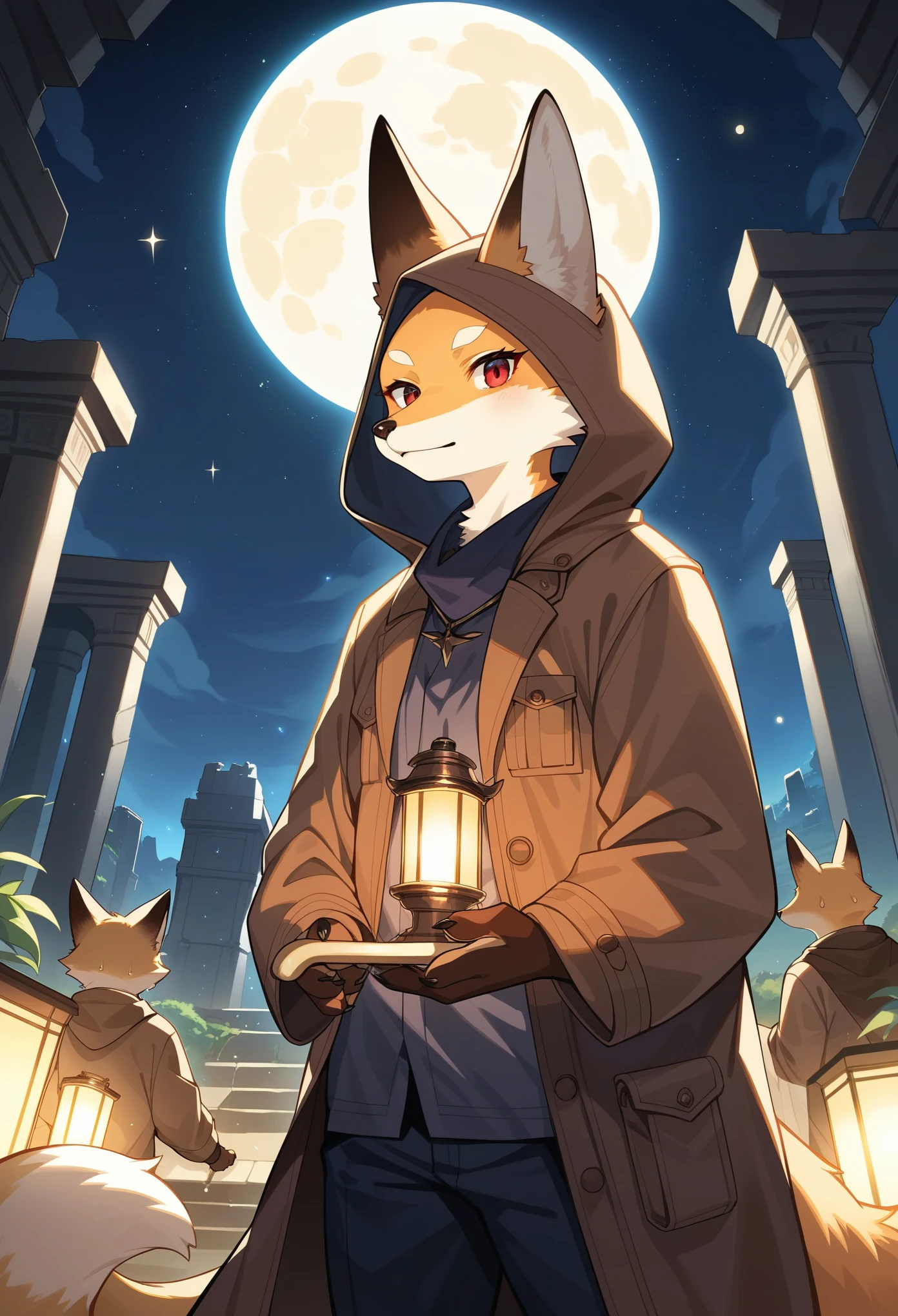 rating_safe, score_9, score_8_up, score_7_up, score_6_up, score_5_up, score_4_up, hires, highres, source_furry, cover page(kemono, furry anthro, boys, girls, fox, Golden fur, Golden yellow face fur, Red eyes, Brown elements on fur, Brown coat brown hood up)Plant elements in ruins, lichen, There is no other life, Night, starry sky, Vast landscape, moon full, meteors, Star cloud, Warm light source, Rained, wet clothes, overcast sky, Beautiful lights and shadows, Ambient light, Volumetric lighting, Dynamic configuration, Highly detailed and colorful details, luminous lighting, Atmospheric lighting, dream magical, magic, Glowing light,