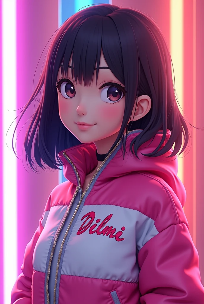 A girl is wearing a pink and white jacket and her name 'Dilmi' has written on that. She is in a neon blackground. She has a medium size hair. She is pretty. This should be a 3D anime picture.