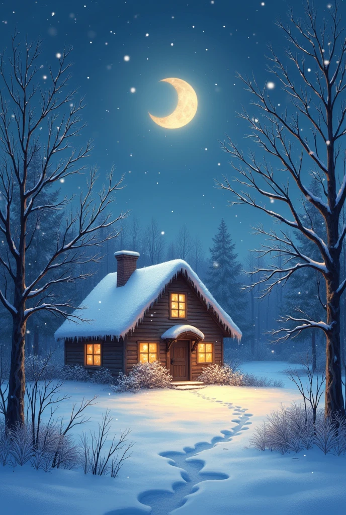 Snowfall around home night with moon and stars