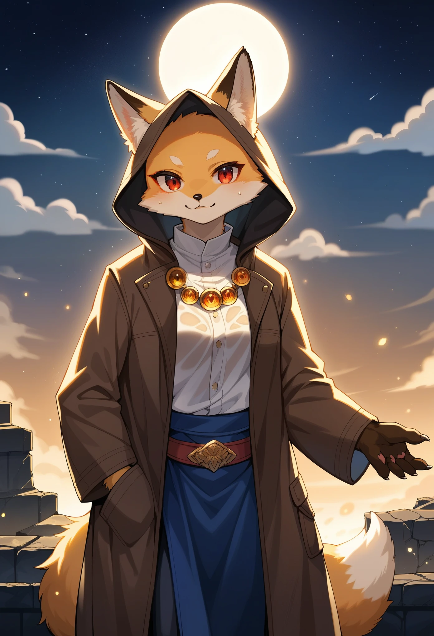 rating_safe, score_9, score_8_up, score_7_up, score_6_up, score_5_up, score_4_up, hires, highres, source_furry, cover page(kemono, furry anthro, boys, girls, fox, Golden fur, Golden yellow face fur, Red eyes, Brown elements on fur, Brown coat brown hood up)Plant elements in ruins, lichen, There is no other life, Night, starry sky, Vast landscape, moon full, meteors, Star cloud, Warm light source, Rained, wet clothes, overcast sky, Beautiful lights and shadows, Ambient light, Volumetric lighting, Dynamic configuration, Highly detailed and colorful details, luminous lighting, Atmospheric lighting, dream magical, magic, Glowing light,