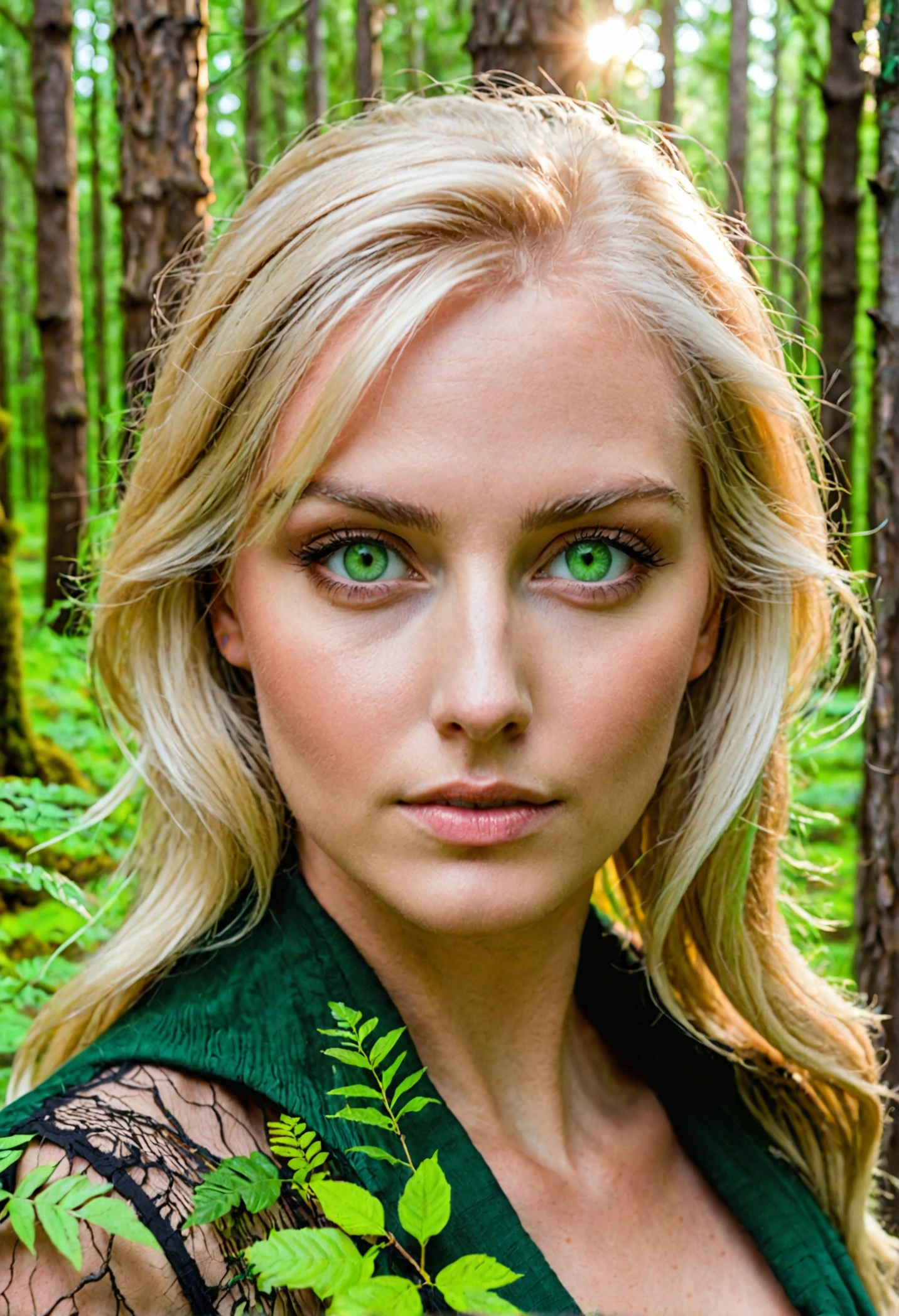 A blonde woman with green eyes in a forest