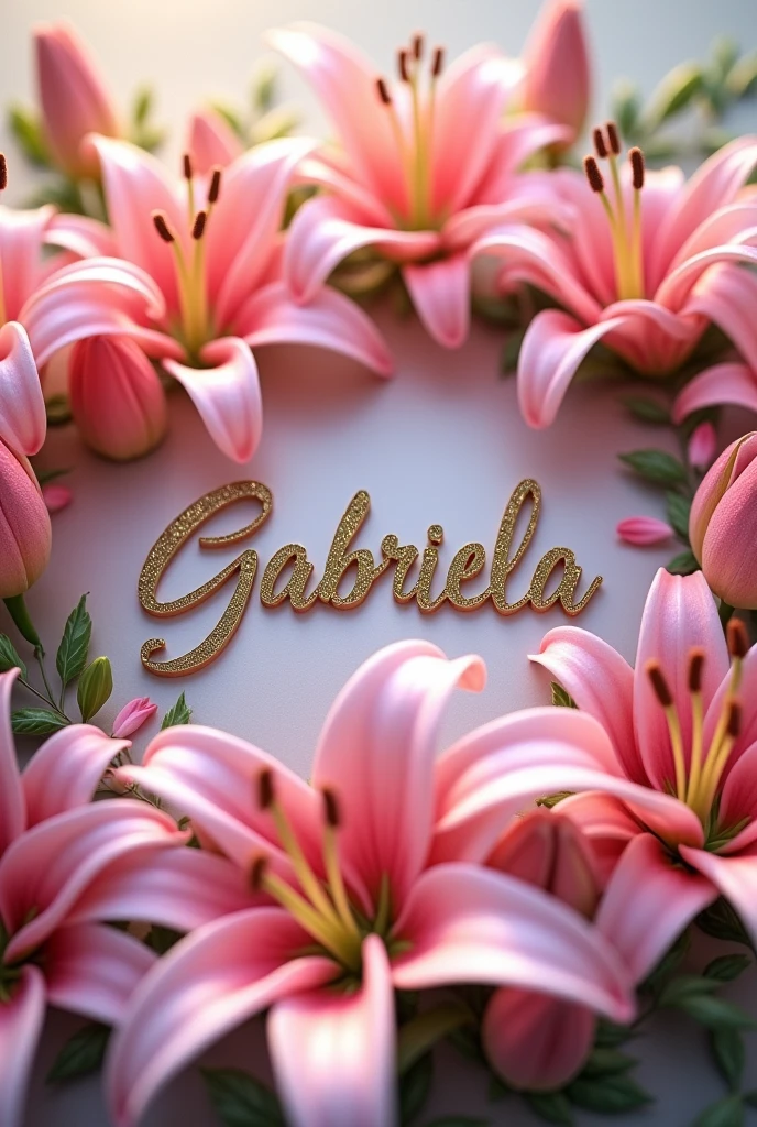 Make the name Gabriela surrounded by pink lily flowers