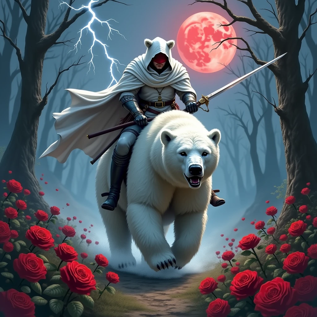 Male knight with a white hood with bear ears wielding a double edge sword is riding a polar bear in a forest while the moon shines, many Roses cover the ground and lightning falls from the sky. The polar bear has black eyes and an aggressive appearance and is. Only the man wears a red blindfold. In the background of the picture is the blood moon. The forest is full of trees with leaves.