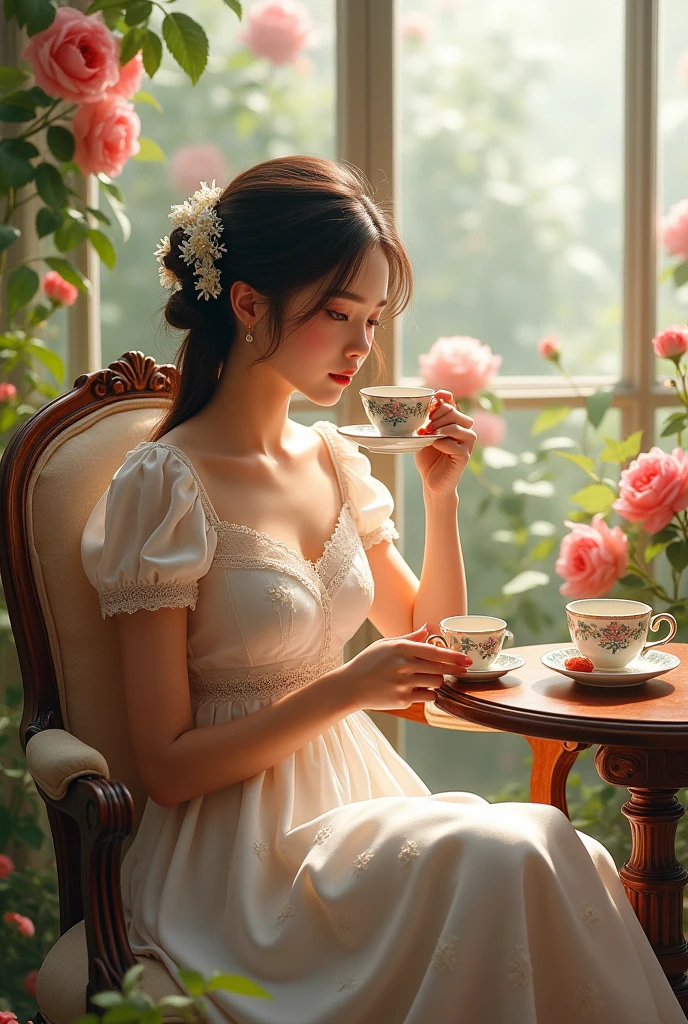 Girl sitting on a chair drinking tea in the dome, among the rose garden, There is a tea set on the table.