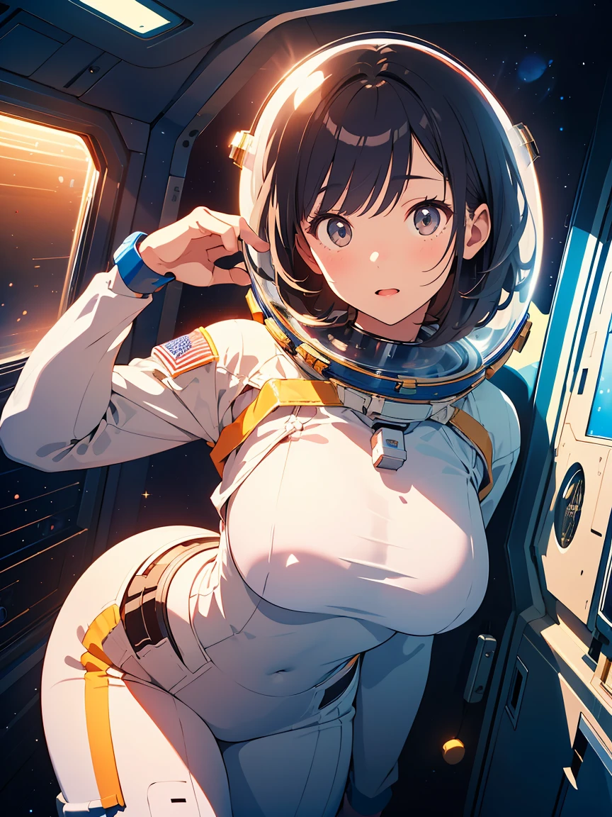 (wide lens effect), (outer space), astronaut, extravehicular activity, EVA, weightlessness, zero gravity, spacewalk,
(Cute Japanese girl , 20-year-old), large breasts, bubble helmet
(dramatic lighting), cinematic lighting,