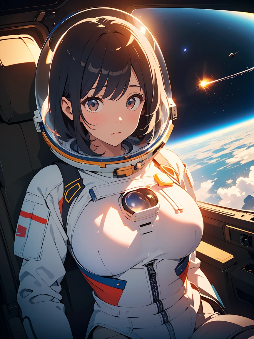 (wide lens effect), (outer space), astronaut, extravehicular activity, EVA, weightlessness, zero gravity, spacewalk,
(Cute Japanese girl , 20-year-old), large breasts, bubble helmet
(dramatic lighting), cinematic lighting,