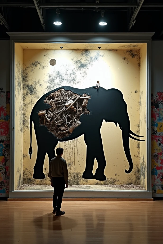 British art、Museum、Museum、exhibition、exhibition、Inorganic、Contemporary art、Satire、Silhouette of a dissected elephant、mural、Street art、shadow、Saturation、Saturator、(masterpiece:1.2)、of the highest quality、epic scale、realist、realist、huge case、aquarium、Art displayed inside a waterless aquarium、detailed decoration、(It operates with a score of 0 on the Seaart rating system)、Fragmented theme、trick art、Weight、space、space的、Gravity、Attainable work of art、Using things that exist in our daily lives as a motif、collage、Photo montage、sf,4k, Details, masterpiece