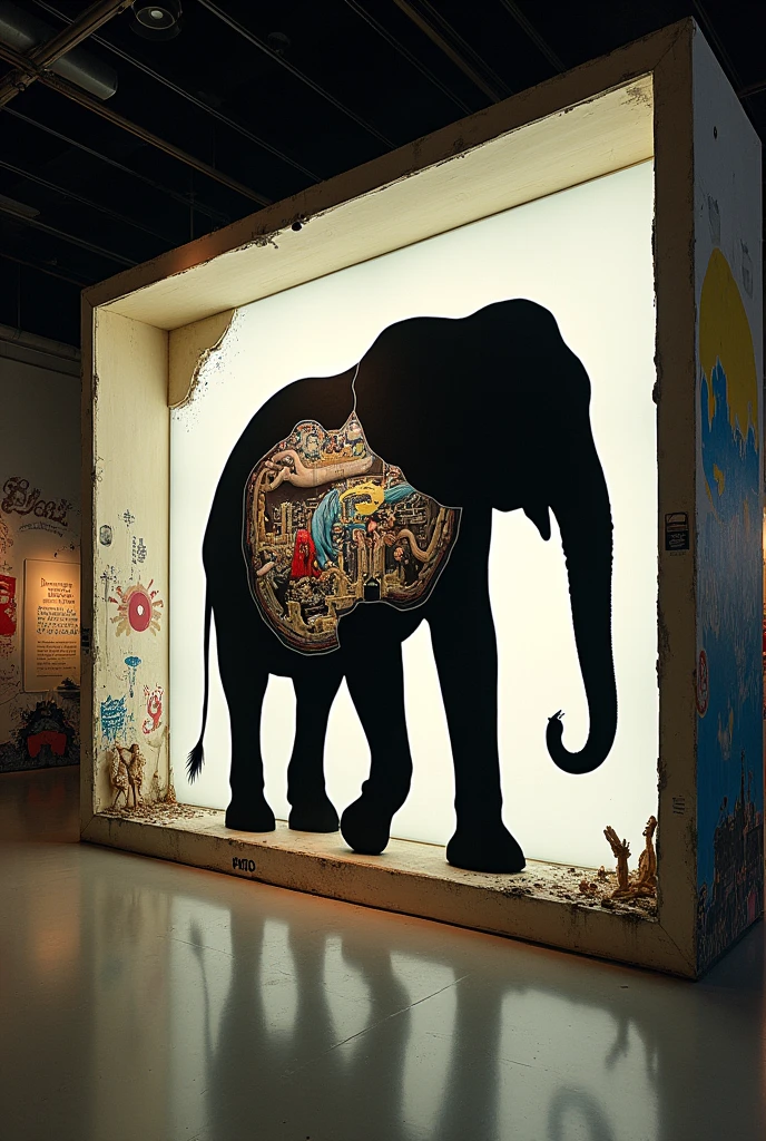 British art、Museum、Museum、exhibition、exhibition、Inorganic、Contemporary art、Satire、Silhouette of a dissected elephant、mural、Street art、shadow、Saturation、Saturator、(masterpiece:1.2)、of the highest quality、epic scale、realist、realist、huge case、aquarium、Art displayed inside a waterless aquarium、detailed decoration、(It operates with a score of 0 on the Seaart rating system)、Fragmented theme、trick art、Weight、space、space的、Gravity、Attainable work of art、Using things that exist in our daily lives as a motif、collage、Photo montage、sf,4k, Details, masterpiece