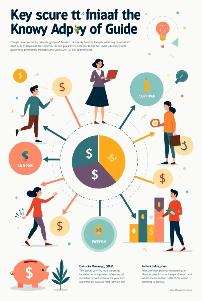 A comprehensive illustrated guide covering "Smart Financial Management," broken down into sections for "Budgeting," "Saving," "Investing," "Debt Management," "Insurance," "Retirement Planning," "Financial Goals," "Tax Planning," "Continual Learning," and "Professional Advice," all interconnected with visual metaphors such as a pie chart, piggy bank, growth graph, cutting card, umbrella, climbing stairs