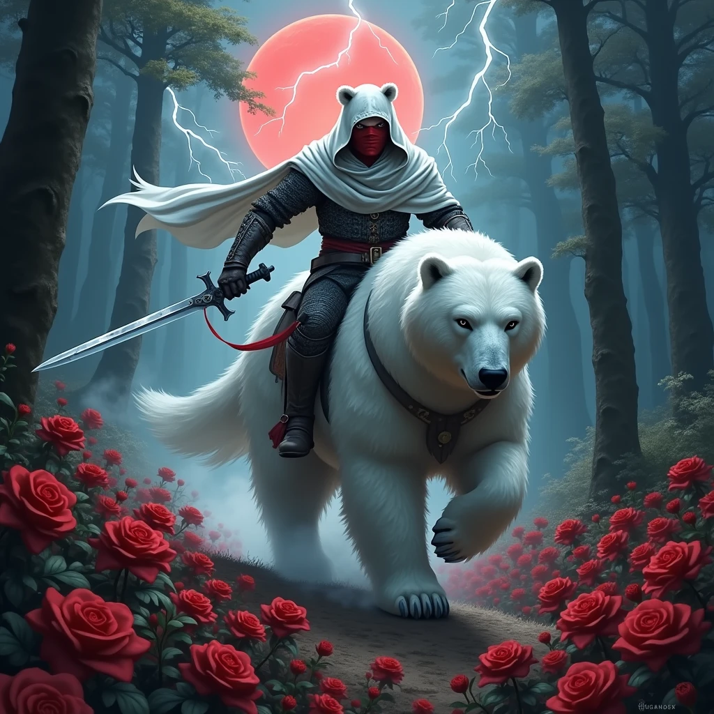 Male knight with a white hood with bear ears wielding a double edge sword is riding a polar bear in a forest while the moon shines, many Roses cover the ground and lightning falls from the sky. The polar bear has black eyes and an aggressive appearance and is. Only the man wears a red blindfold. In the background of the picture is the blood moon. The forest is full of trees with leaves.