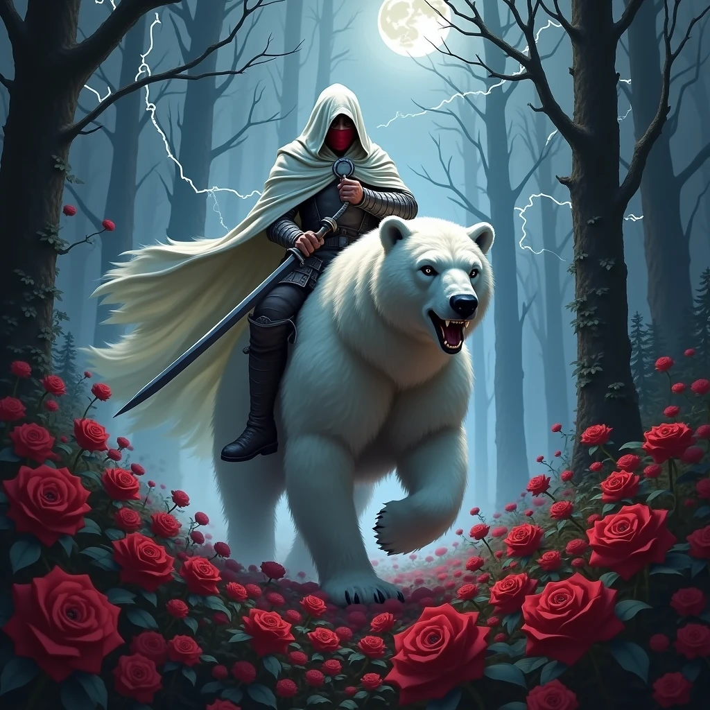 Male knight with a white hood with bear ears wielding a double edge sword is riding a polar bear in a forest while the moon shines, many Roses cover the ground and lightning falls from the sky. The polar bear has black eyes and an aggressive appearance and is. Only the man wears a red blindfold. In the background of the picture is the blood moon. The forest is full of trees with leaves.