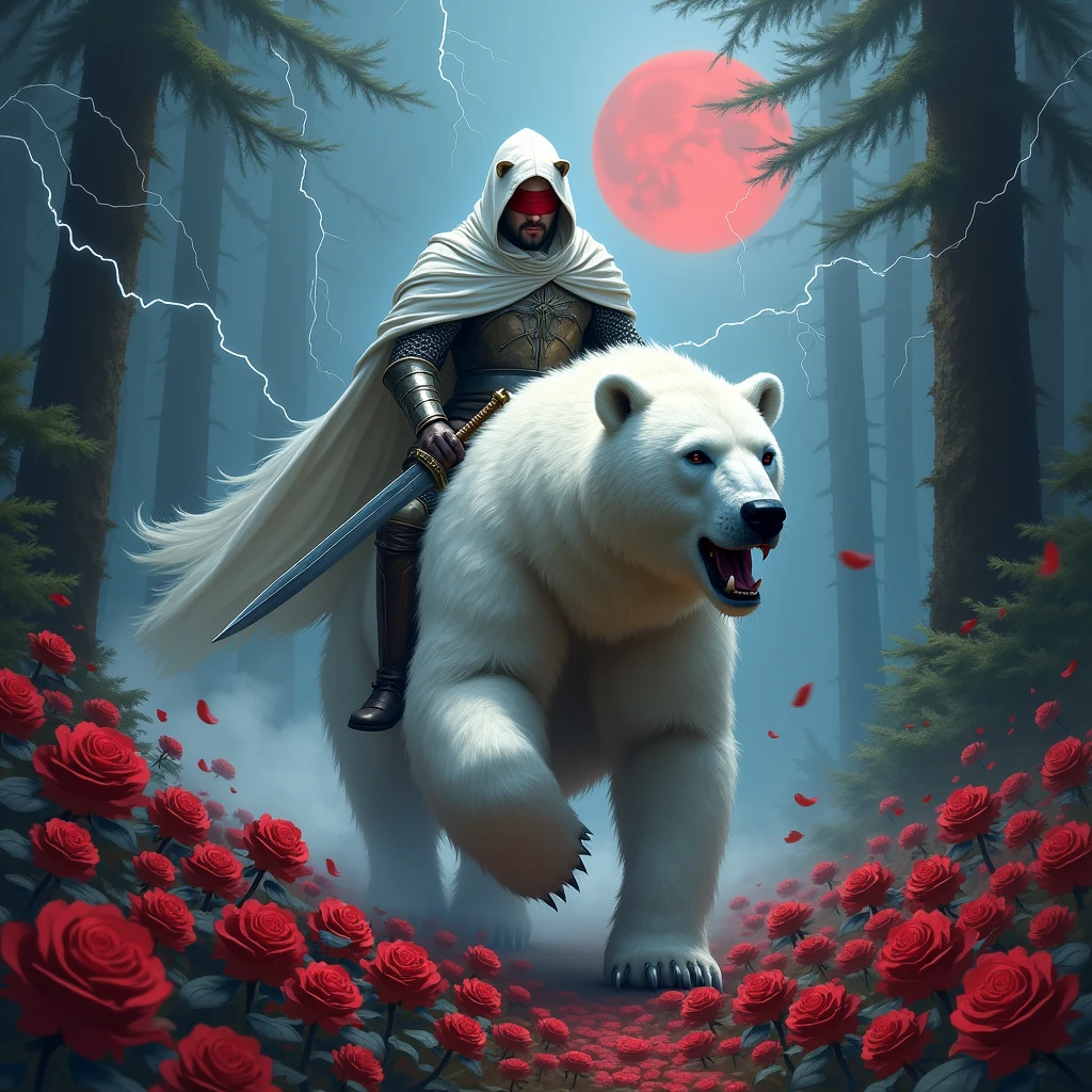 Male knight with a white hood with bear ears wielding a double edge sword is riding a polar bear in a forest while the moon shines, many Roses cover the ground and lightning falls from the sky. The polar bear has black eyes and an aggressive appearance and is. Only the man wears a red blindfold. In the background of the picture is the blood moon. The forest is full of trees with leaves.