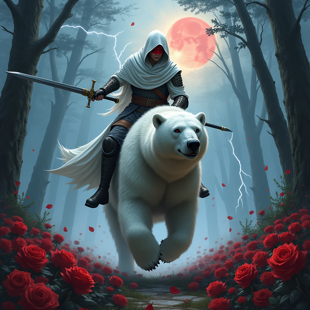 Male knight with a white hood with bear ears wielding a double edge sword is riding a polar bear in a forest while the moon shines, many Roses cover the ground and lightning falls from the sky. The polar bear has black eyes and an aggressive appearance and is. Only the man wears a red blindfold. In the background of the picture is the blood moon. The forest is full of trees with leaves.