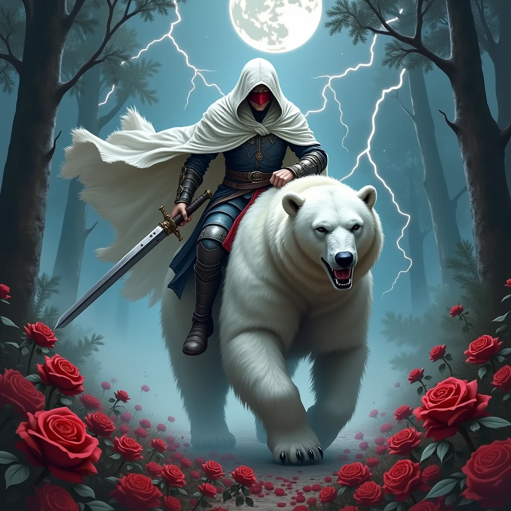 Male knight with a white hood with bear ears wielding a double edge sword is riding a polar bear in a forest while the moon shines, many Roses cover the ground and lightning falls from the sky. The polar bear has black eyes and an aggressive appearance and is. Only the man wears a red blindfold. In the background of the picture is the blood moon. The forest is full of trees with leaves.