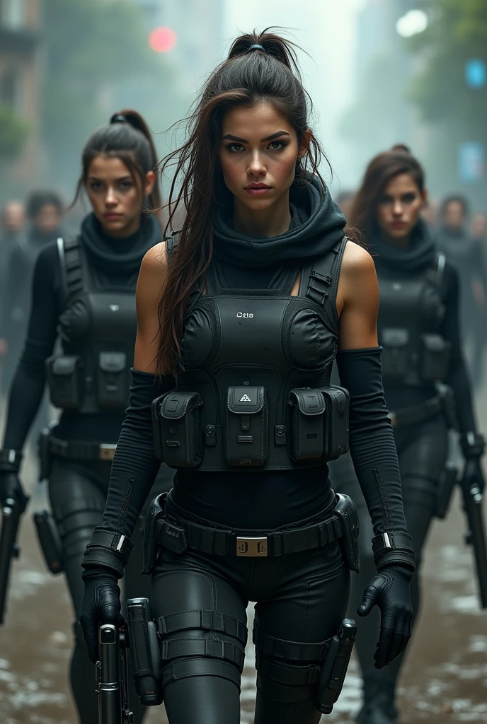 a group of female insurgents in a dystopian world, highly detailed military gear and futuristic design weapons, intense facial expressions, dynamic poses, dramatic lighting, cinematic composition, gritty realistic style, dark color palette, masterpiece, high resolution, 8K