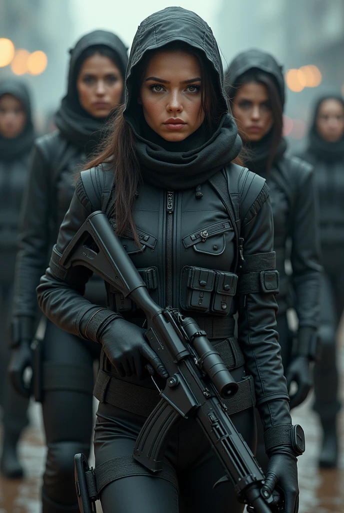 a group of female insurgents in a dystopian world, highly detailed military gear and futuristic design weapons, intense facial expressions, dynamic poses, dramatic lighting, cinematic composition, gritty realistic style, dark color palette, masterpiece, high resolution, 8K